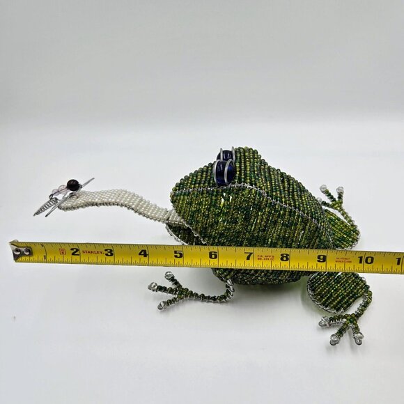 Beaded Frog With Dragonfly Figurine Wire Bead Art Freestanding Toad Bug Read - Picture 11 of 12